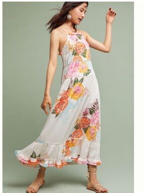 Farm Rio For Anthropologie Lantanas Maxi Dress White Floral Pompom Trim Size S